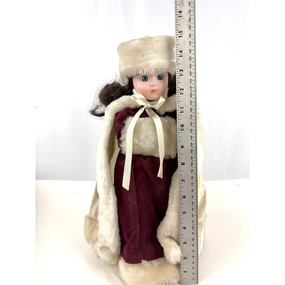 Vintage‎ Porcelain Doll in Red Dress and Hat 15” Winter Holiday With Stand